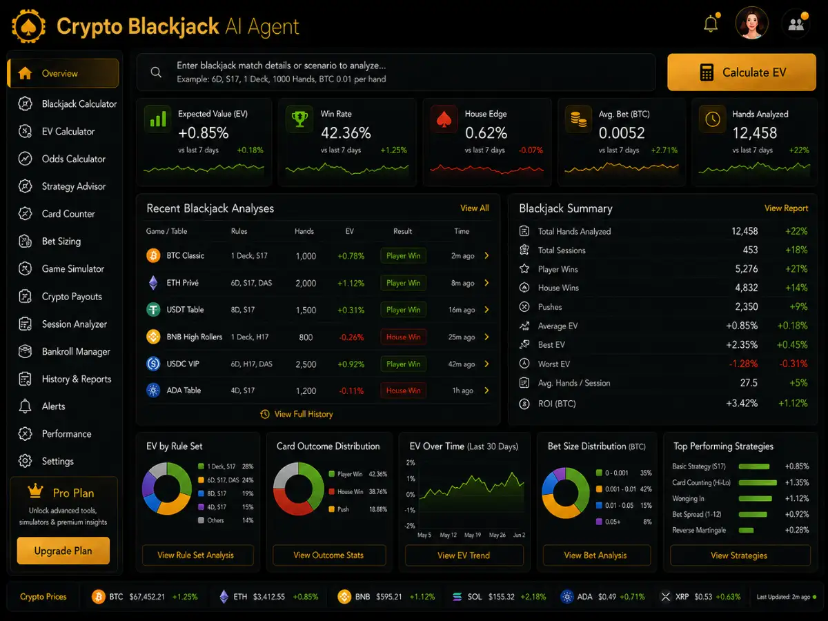 cryptoblackjack.app AI crypto blackjack app — crypto blackjack AI agent dashboard preview